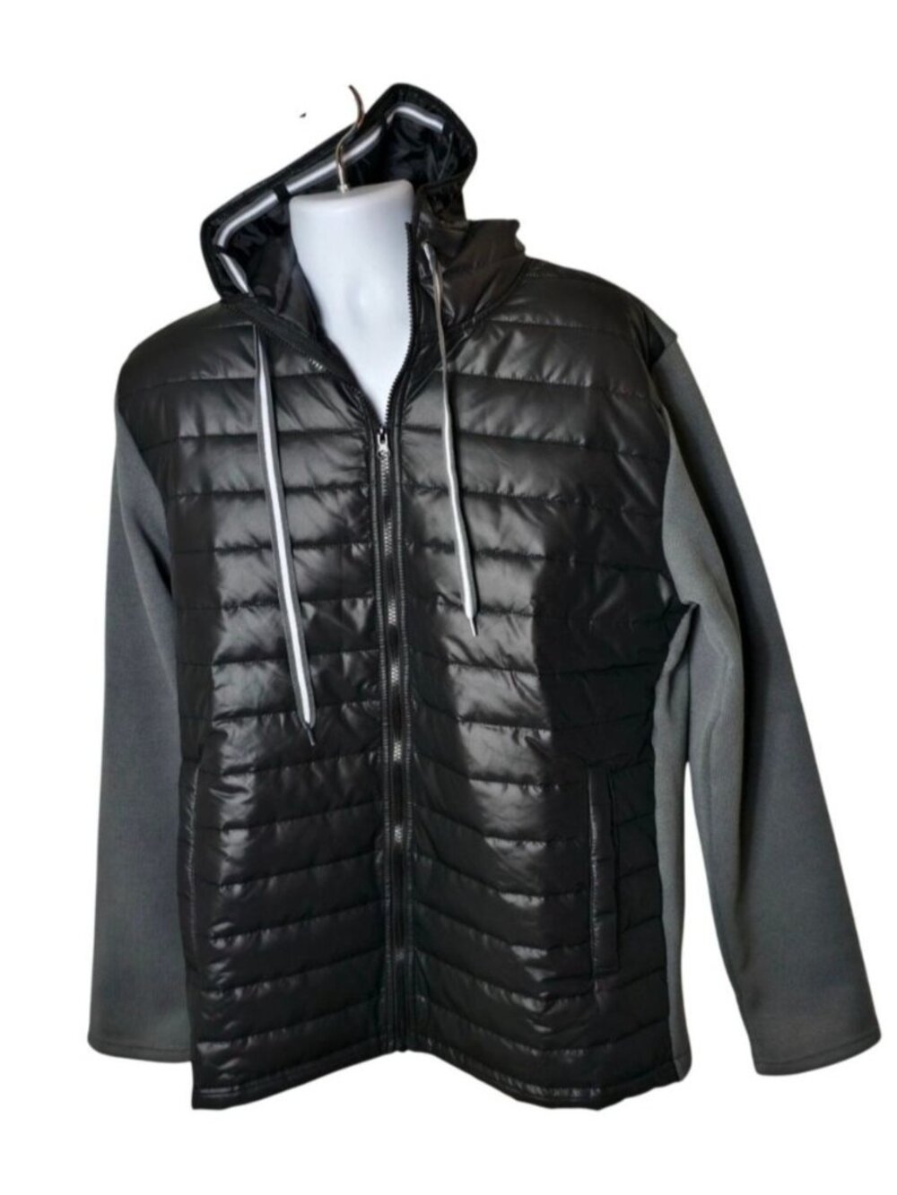 Mens XL Hooded Puffer Jacket Black Gray Soft Sleeves Full Zip Sporty Stylish